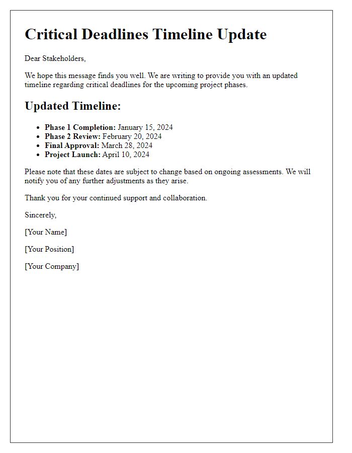 Letter template of critical deadlines timeline update for stakeholders