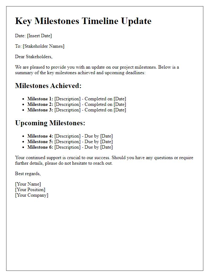 Letter template of key milestones timeline update for stakeholders