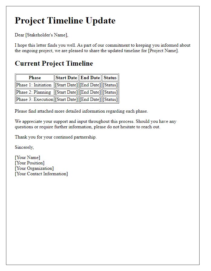 Letter template of ongoing project timeline for stakeholder review