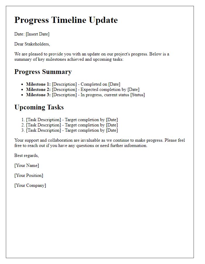 Letter template of progress timeline update for stakeholders