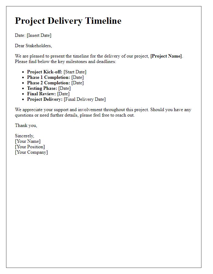 Letter template of project delivery timeline for stakeholders