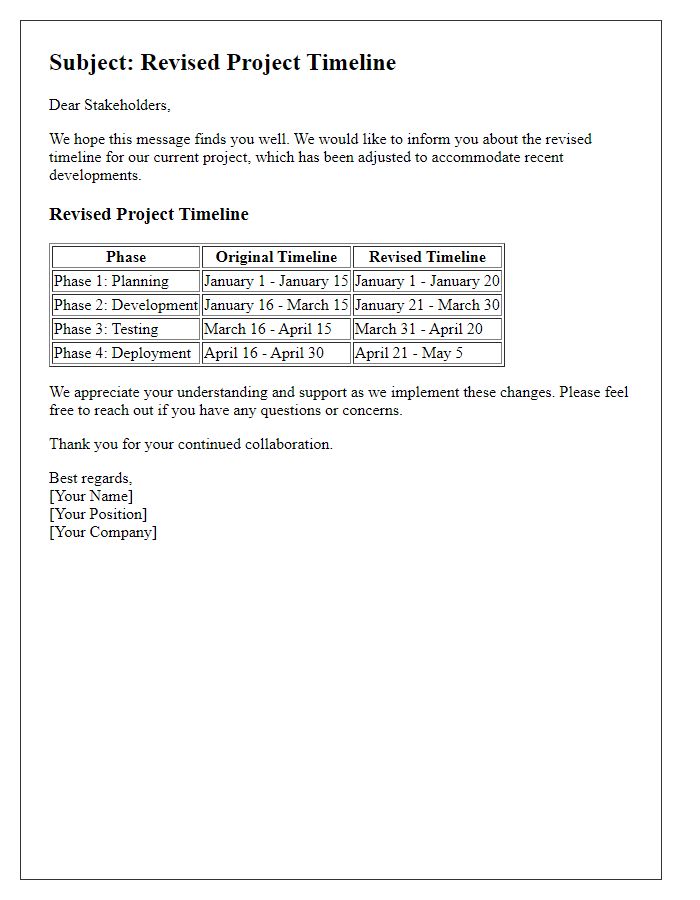 Letter template of revised project timeline for stakeholders