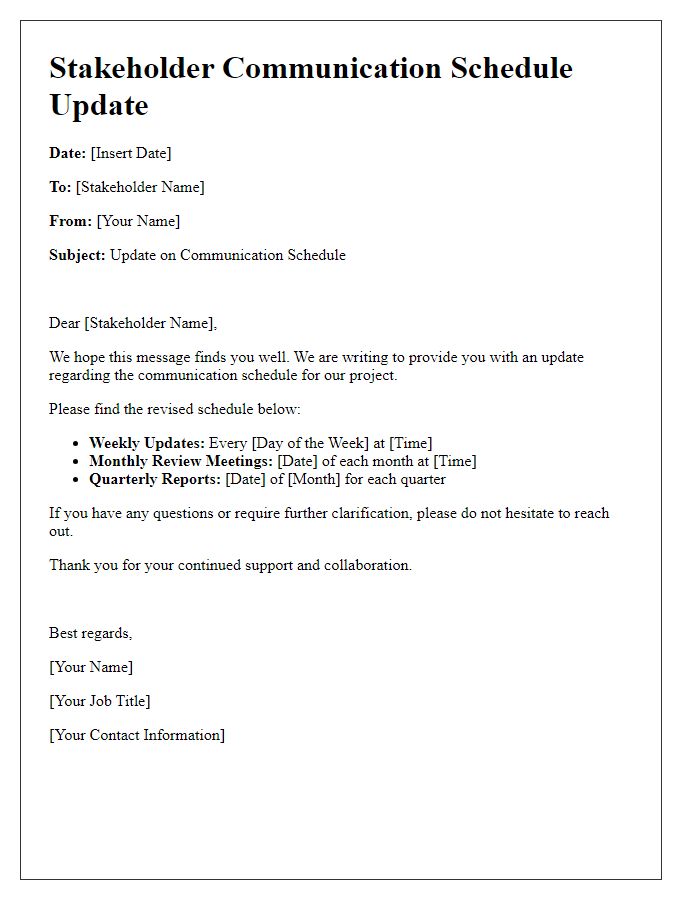 Letter template of stakeholder communication schedule update