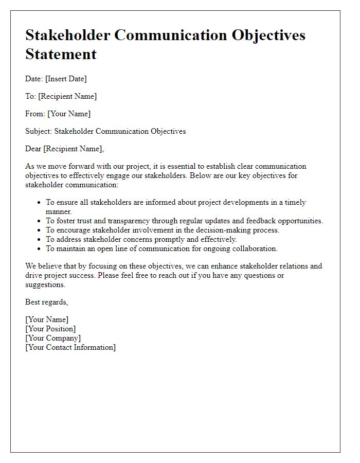 Letter template of stakeholder communication objectives statement