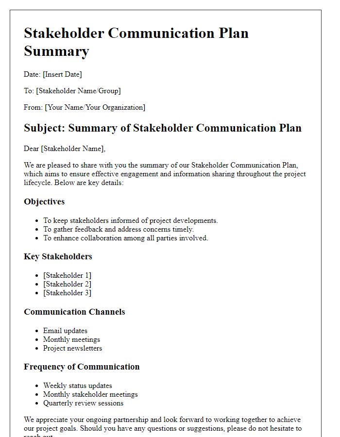 Letter template of stakeholder communication plan summary