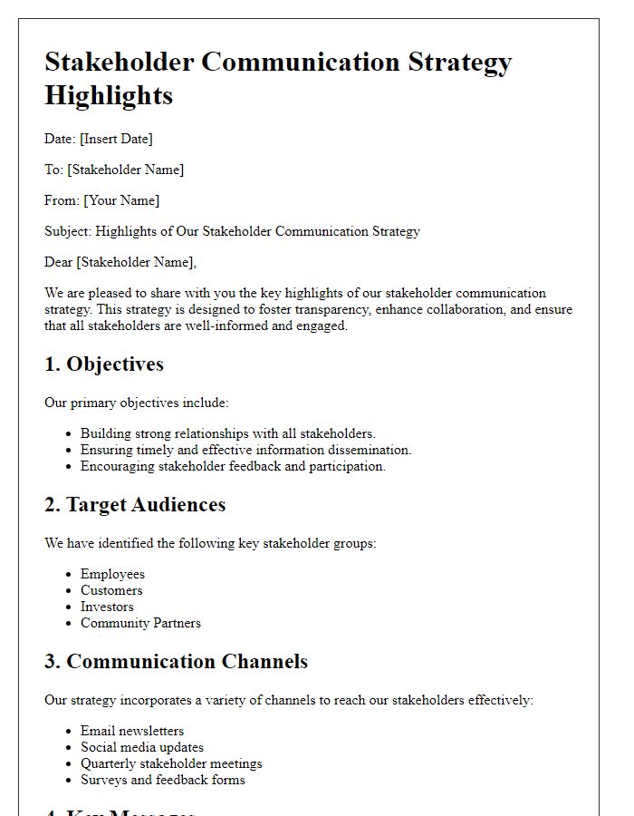 Letter template of stakeholder communication strategy highlights