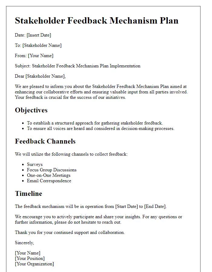 Letter template of stakeholder feedback mechanism plan