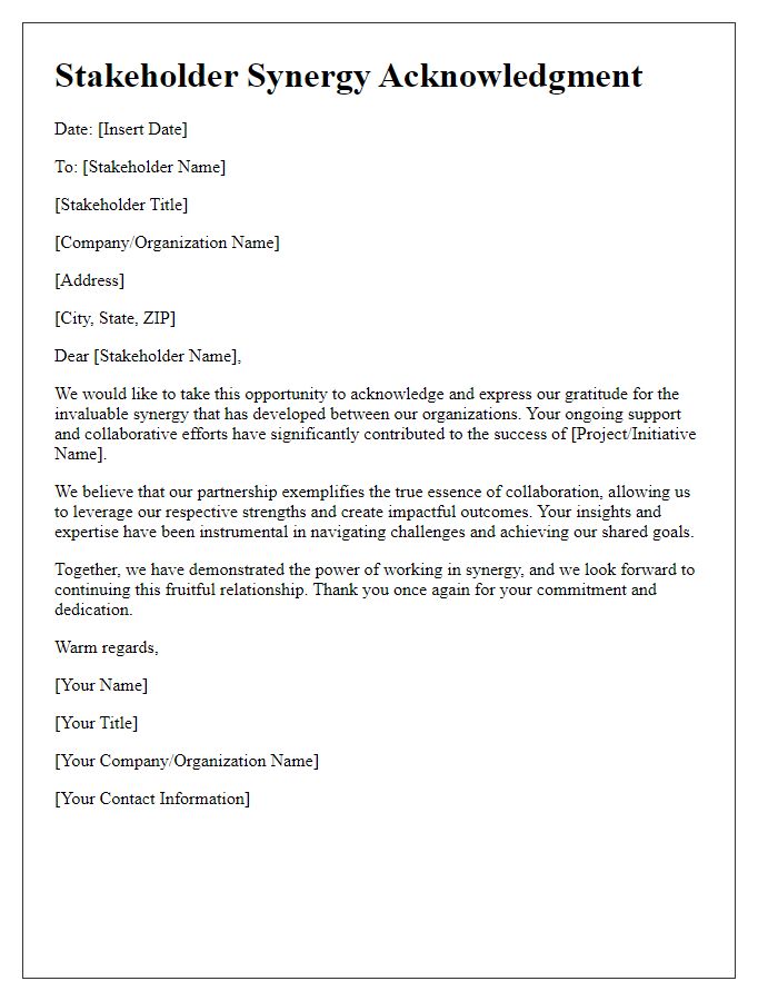 Letter template of stakeholder synergy acknowledgment