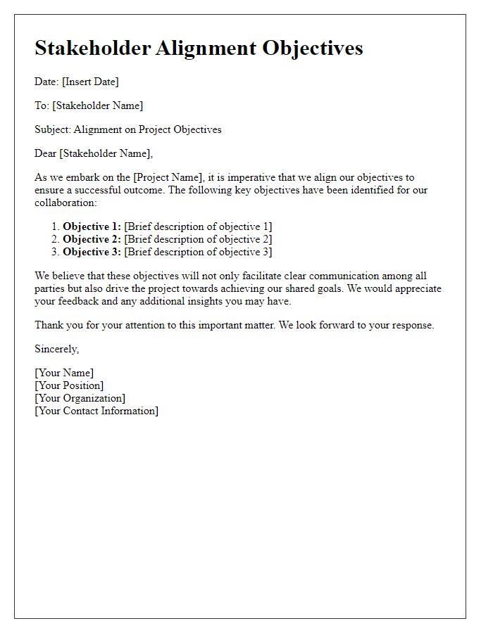 Letter template of stakeholder alignment objectives.