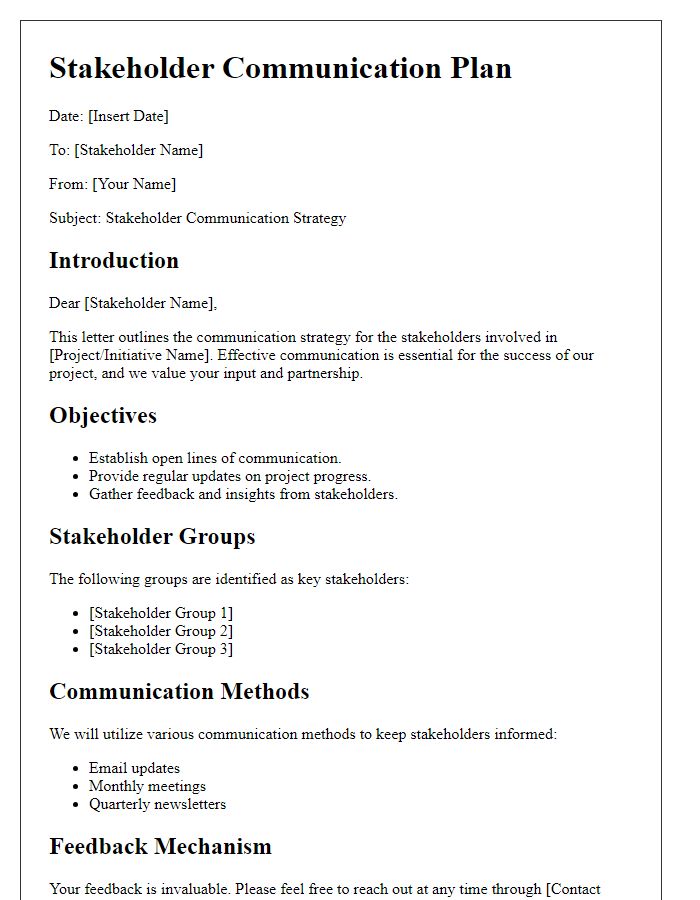 Letter template of stakeholder communication plan.