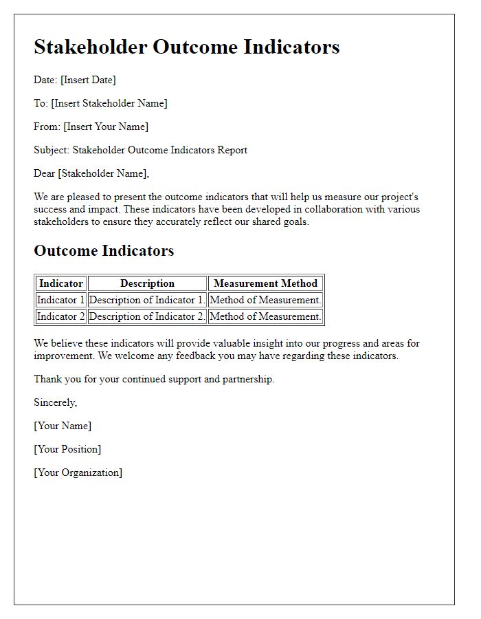 Letter template of stakeholder outcome indicators.