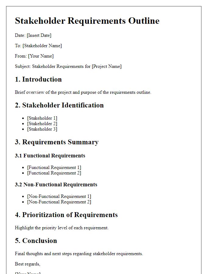 Letter template of stakeholder requirements outline.