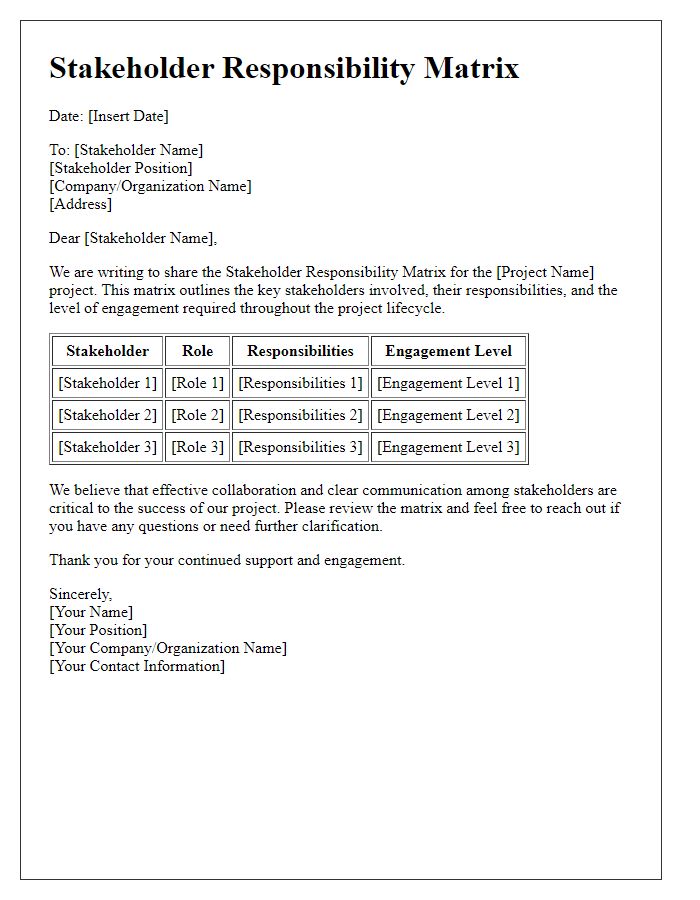 Letter template of stakeholder responsibility matrix.