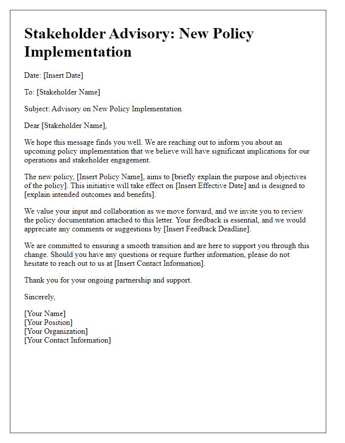 Letter template of stakeholder advisory for new policy implementations