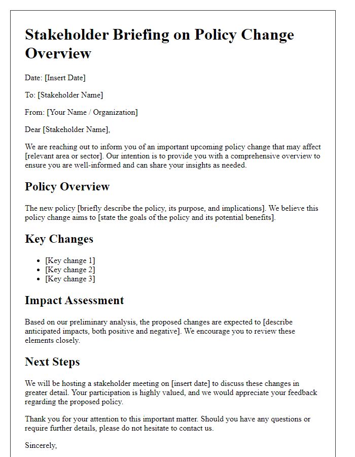 Letter template of stakeholder briefing for policy change overview