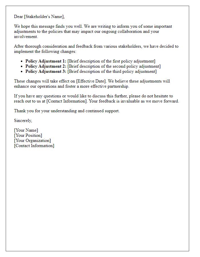 Letter template of stakeholder communication regarding policy adjustments