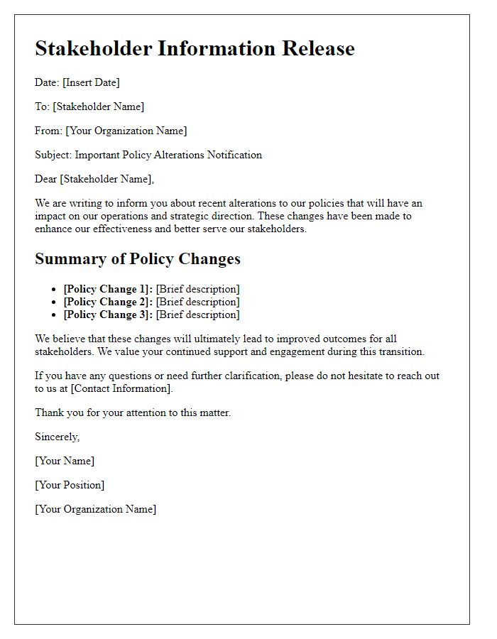 Letter template of stakeholder information release concerning policy alterations