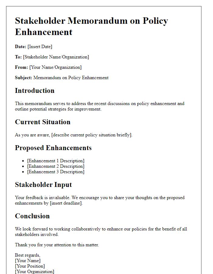 Letter template of stakeholder memorandum on policy enhancement