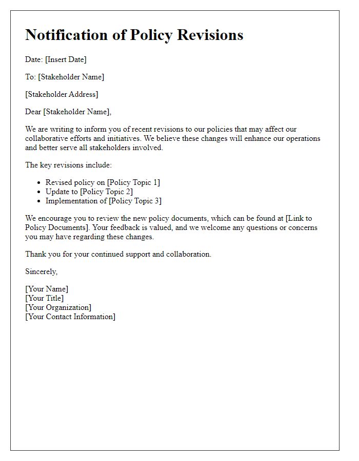 Letter template of stakeholder notification about policy revisions