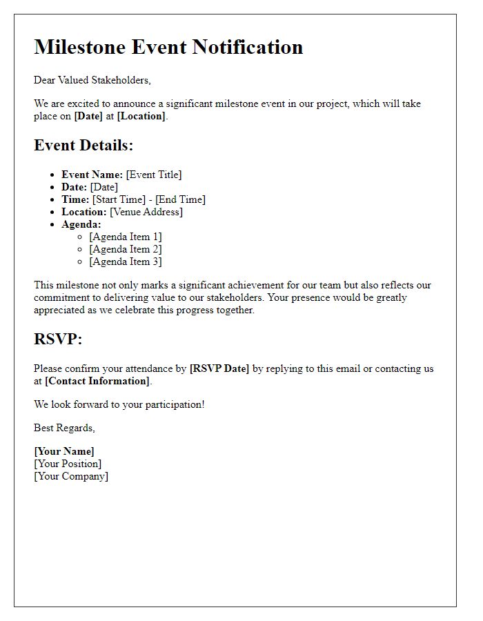 Letter template of Milestone Event Details for Stakeholders