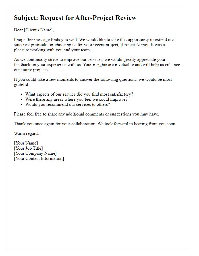 Letter template of after-project client review request.
