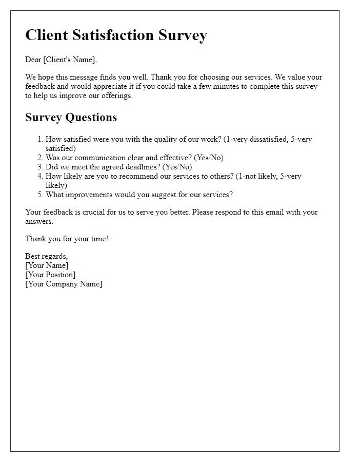 Letter template of client satisfaction survey for freelancers.