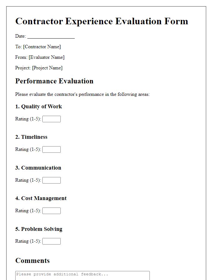 Letter template of contractor experience evaluation form.