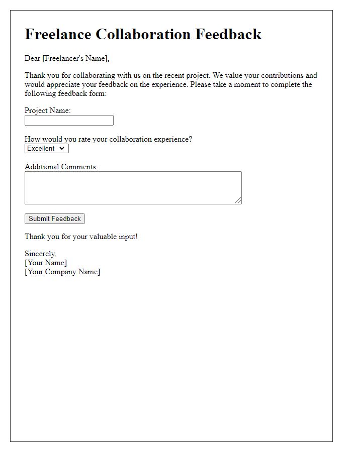 Letter template of freelance collaboration feedback form.