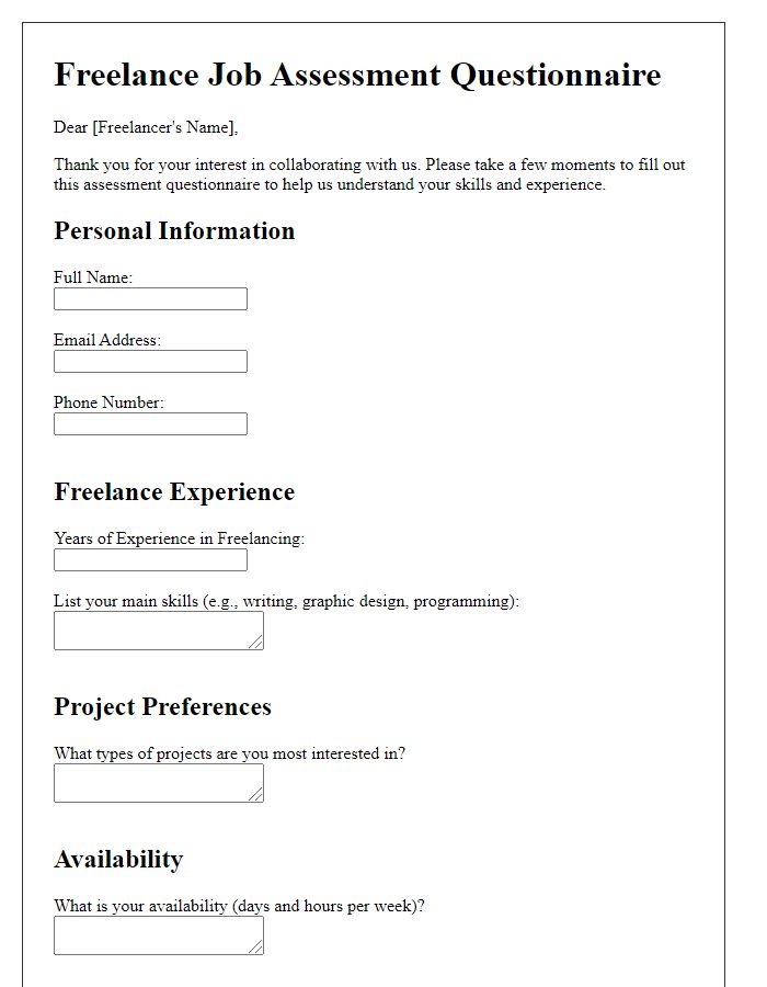 Letter template of freelance job assessment questionnaire.