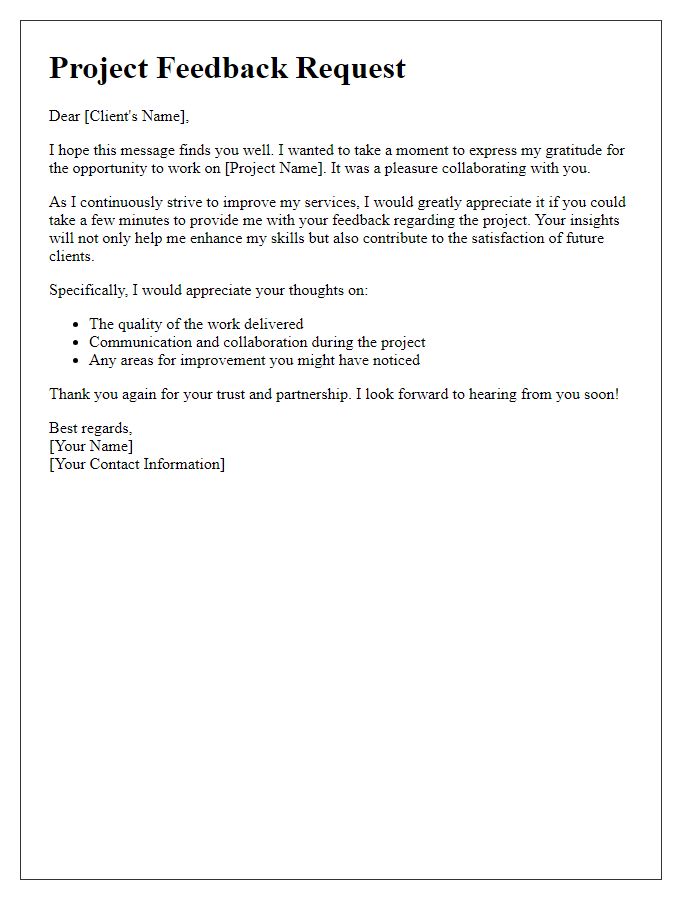 Letter template of freelancer post-project feedback request.