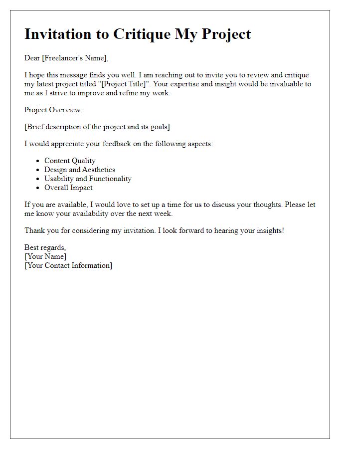 Letter template of freelancer project critique invitation.