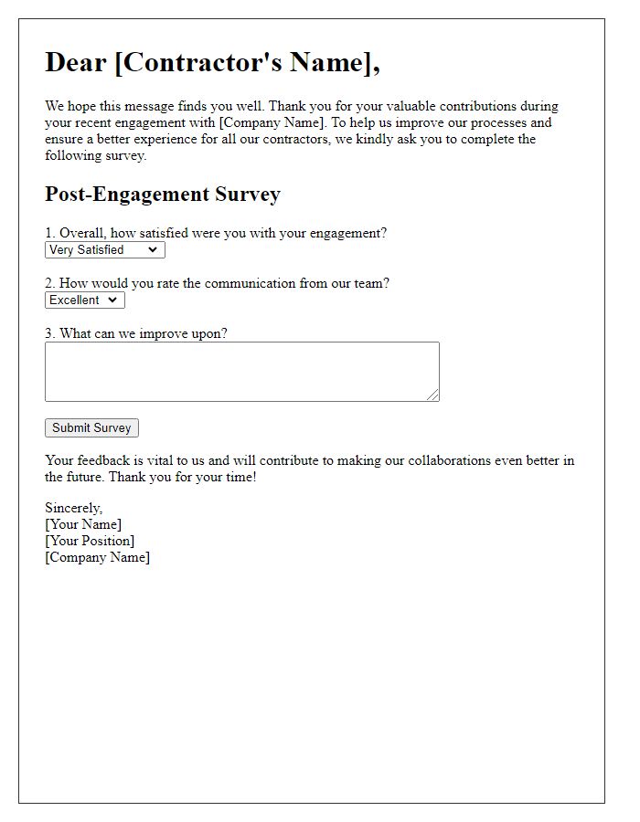 Letter template of post-engagement survey for independent contractors.