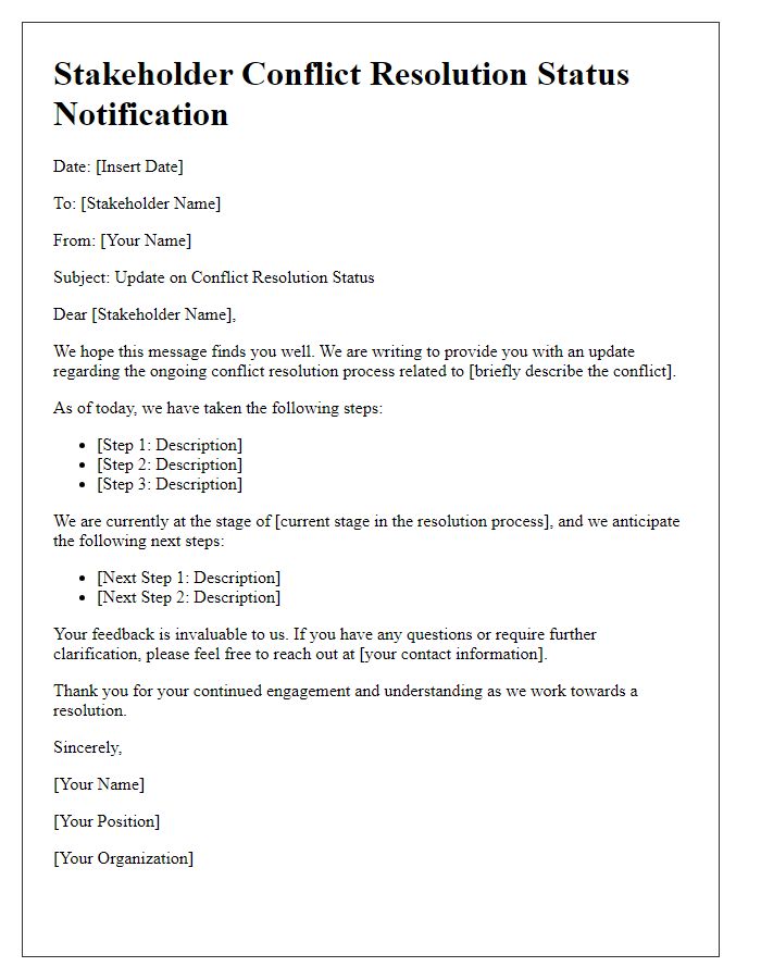 Letter template of stakeholder conflict resolution status notification