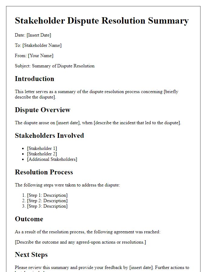 Letter template of stakeholder dispute resolution summary