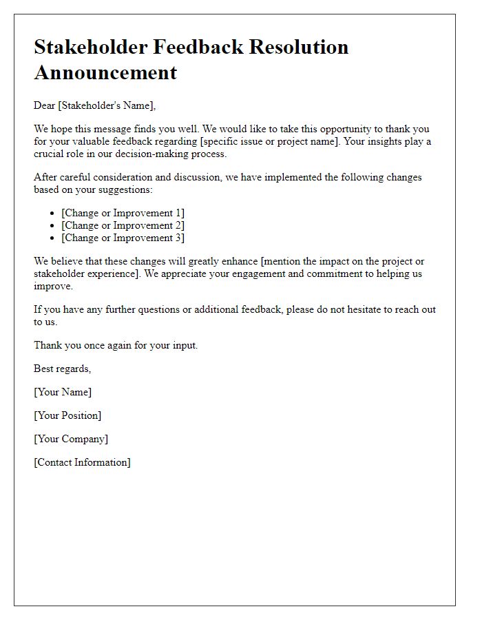 Letter template of stakeholder feedback resolution announcement