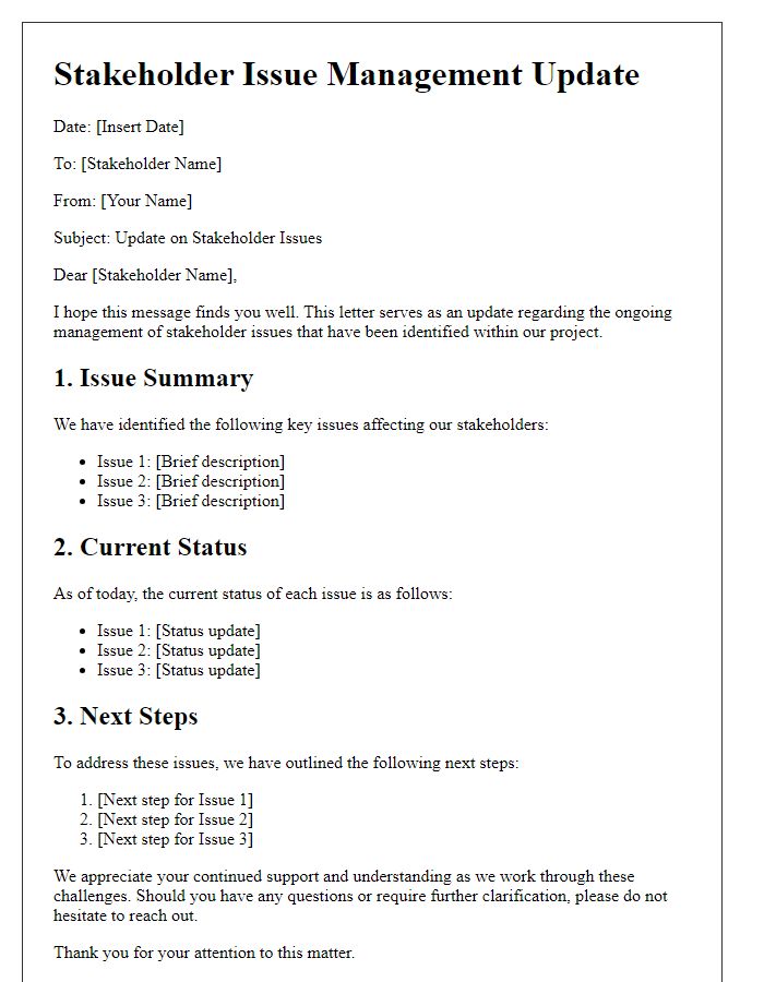 Letter template of stakeholder issue management update