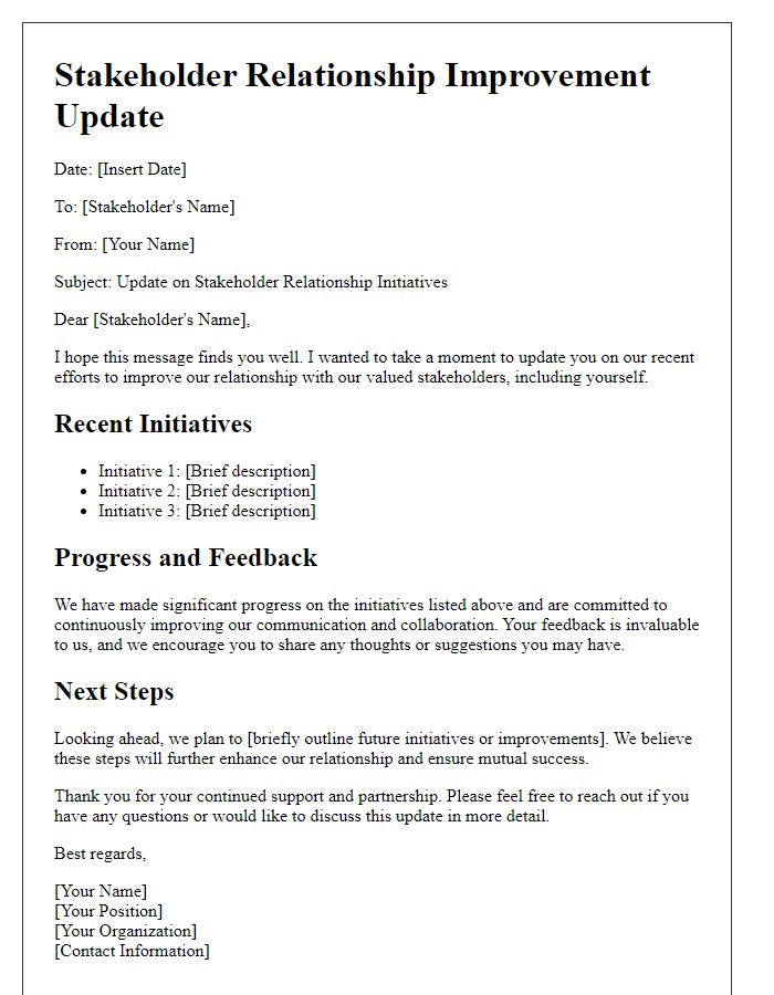 Letter template of stakeholder relationship improvement update