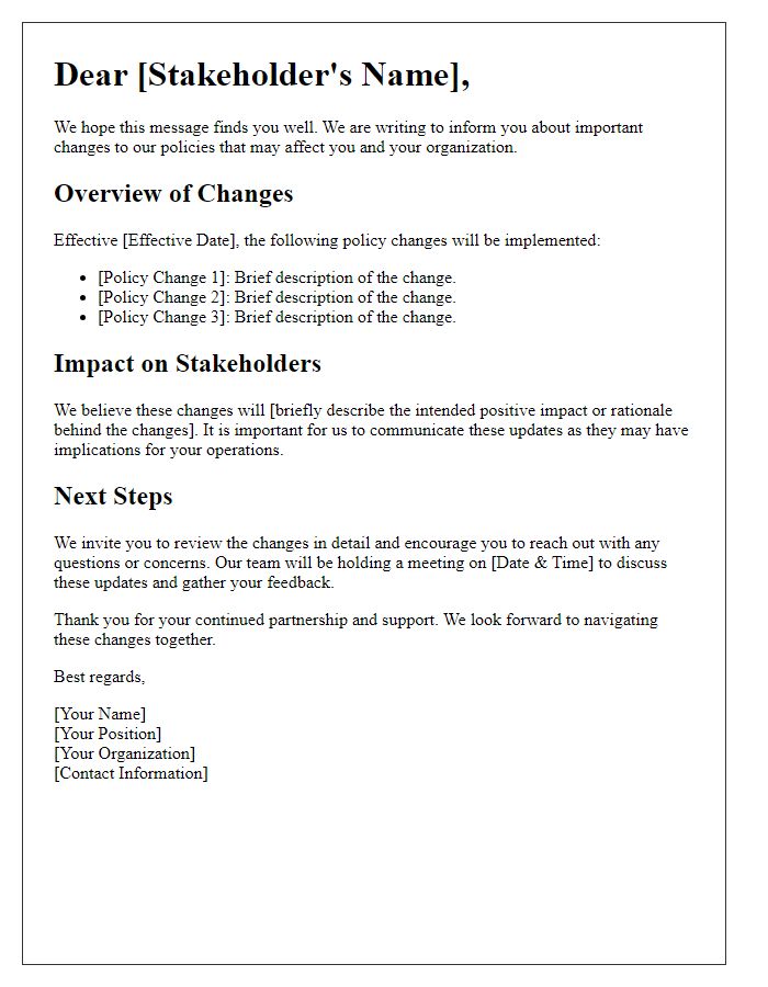 Letter template of stakeholder communication regarding policy changes