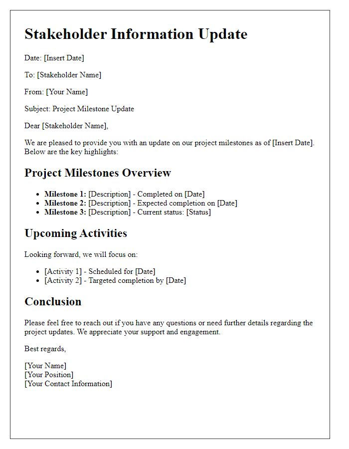 Letter template of stakeholder information update for project milestones