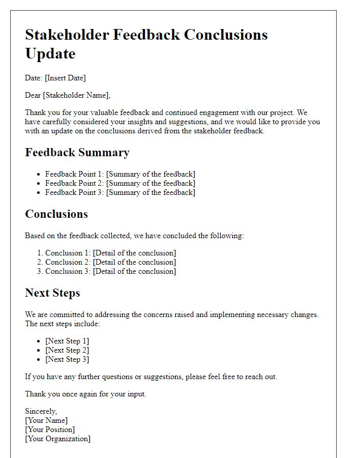 Letter template of stakeholder feedback conclusions update