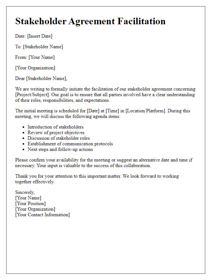 Letter template of stakeholder agreement facilitation