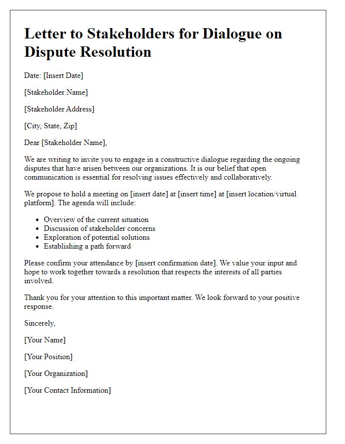 Letter template of stakeholder dialogue for resolving disputes