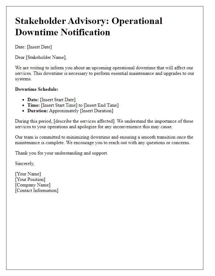 Letter template of stakeholder advisory on operational downtime