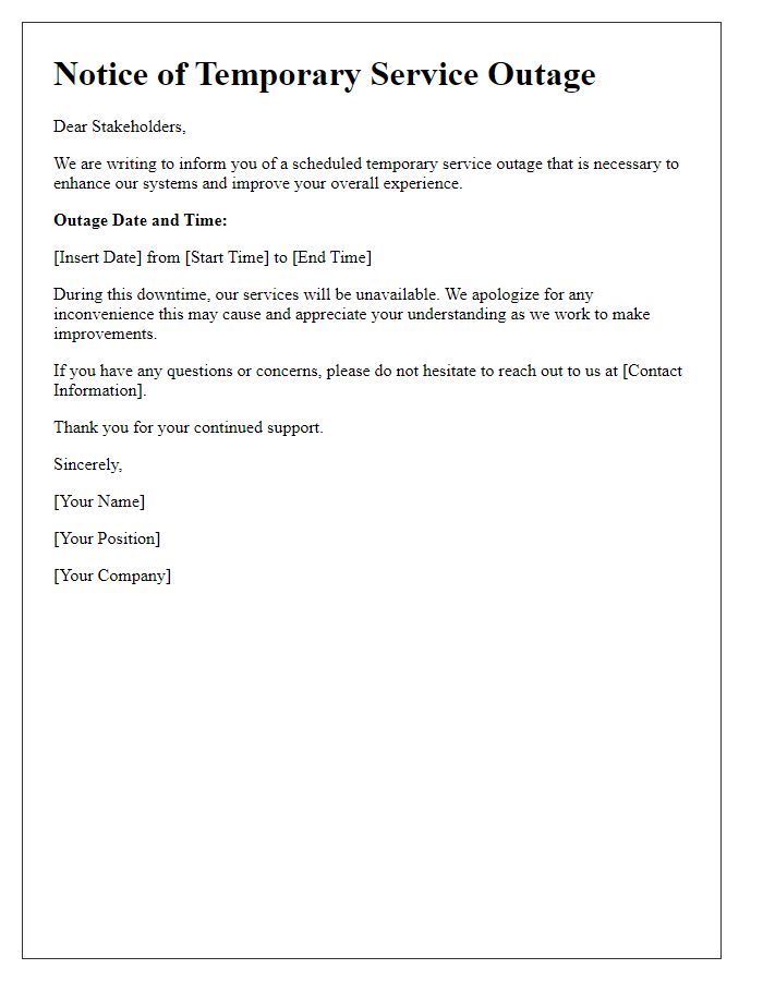 Letter template of temporary service outage communication for stakeholders