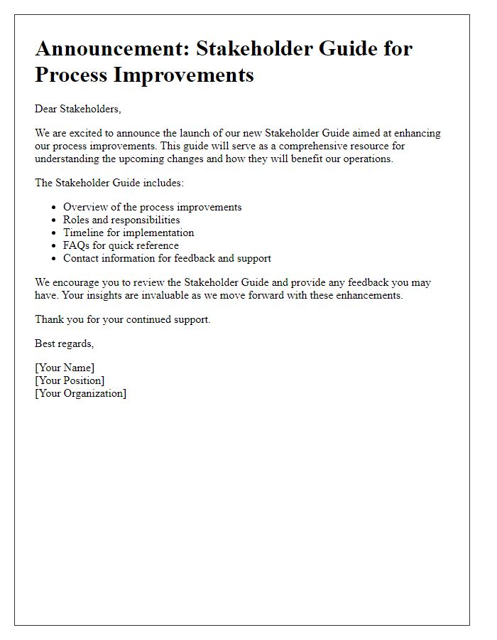 Letter template of stakeholder guide announcement for process improvements