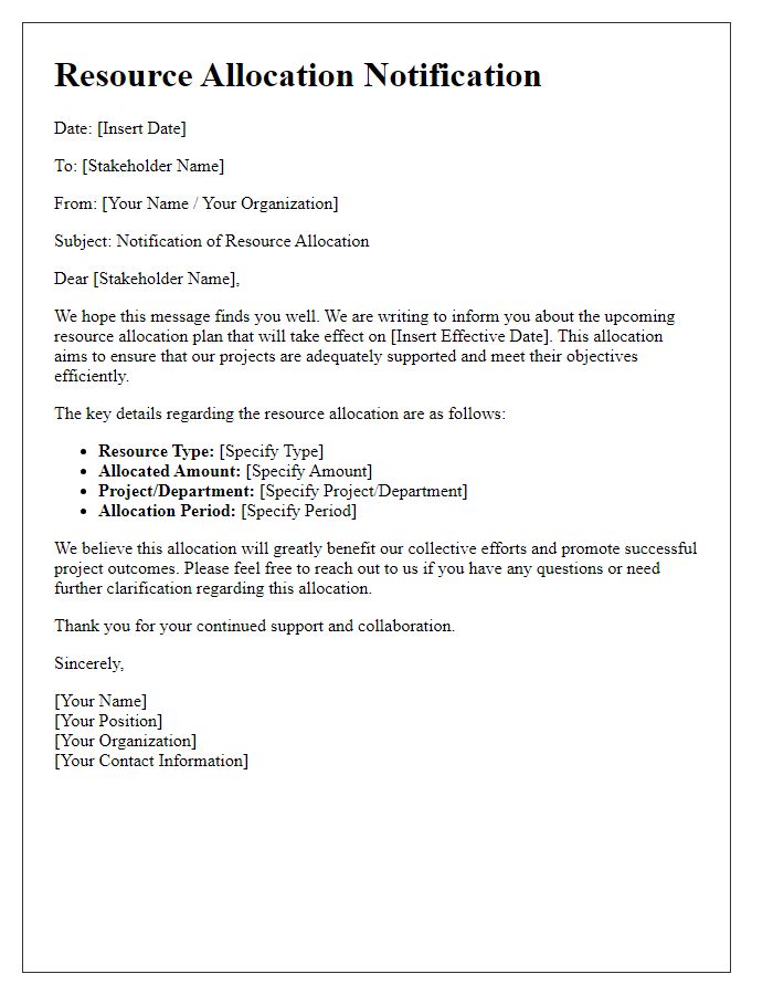 Letter template of stakeholder guide notification for resource allocation