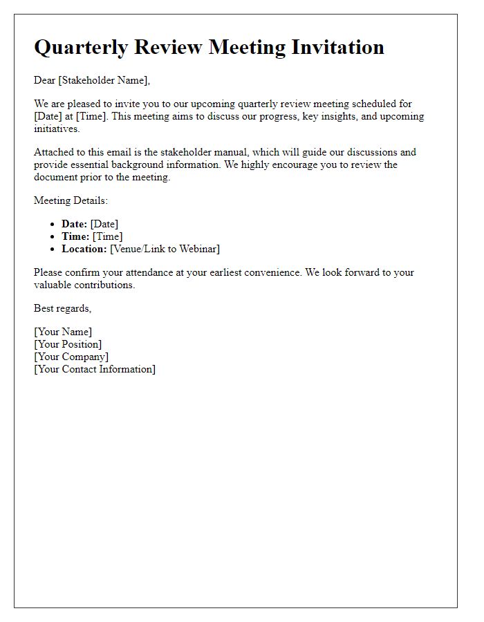 Letter template of stakeholder manual sharing for quarterly review meetings