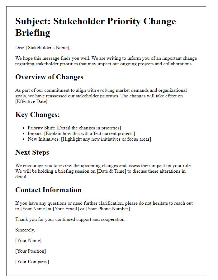 Letter template of stakeholder priority change briefing