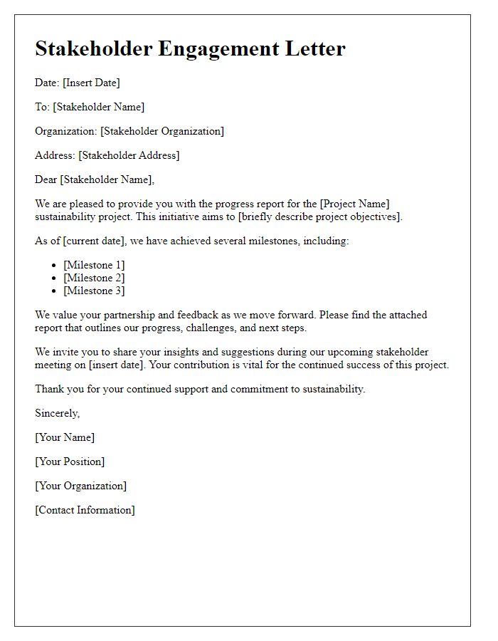 Letter template of stakeholder engagement for sustainability project progress report