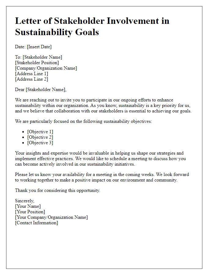 Letter template of stakeholder involvement in sustainability goals